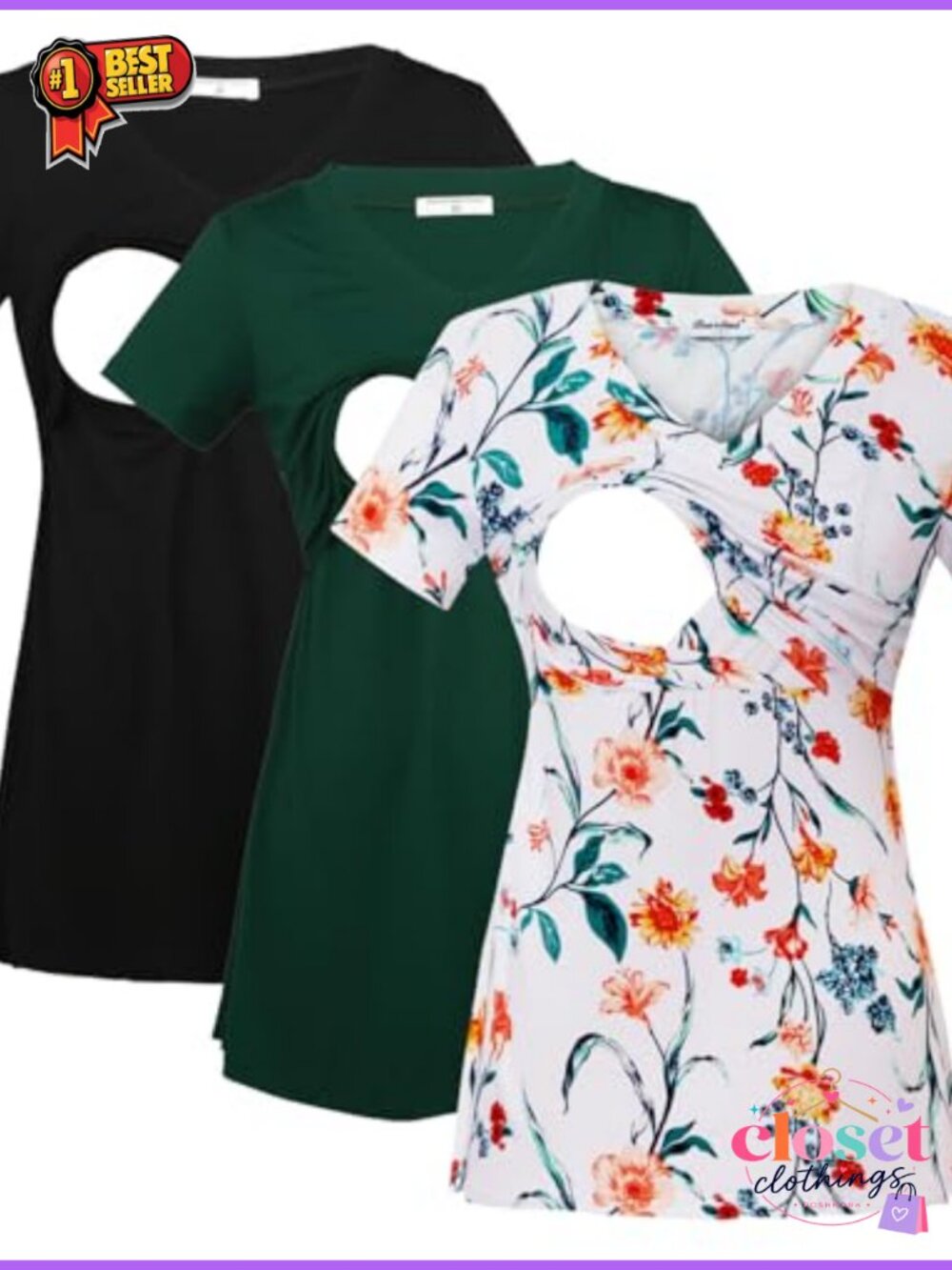 Bearsland Nursing Tops 3 Pack V Neck Maternity Breastfeeding Tees Short Sleeve